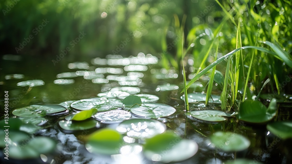 Poster calm water surface with lily pads and green grass on the shoreline in soft natural light : generativ