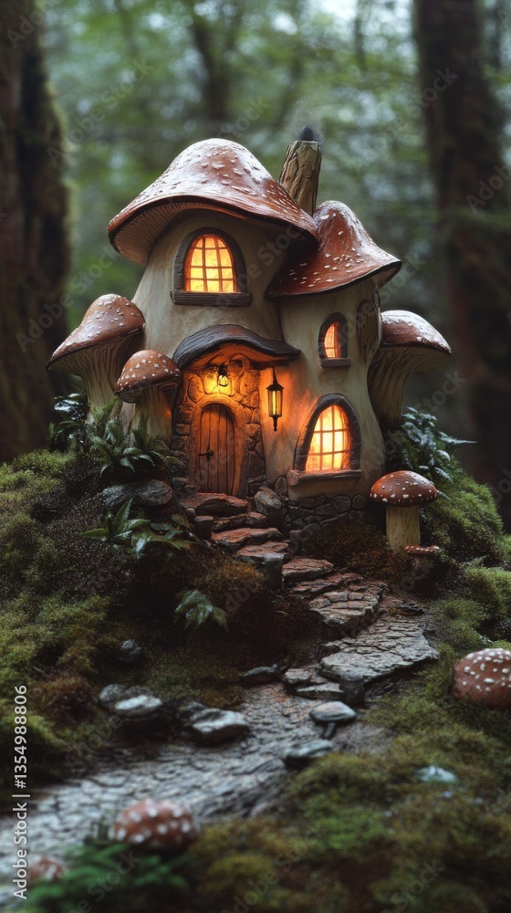 Aufkleber A quaint mushroom cottage with glowing windows nestled on a mossy hill in the forest. The charming path and illuminated mushrooms add a warm, inviting glow, creating a fairytale-like atmosphere.. AI