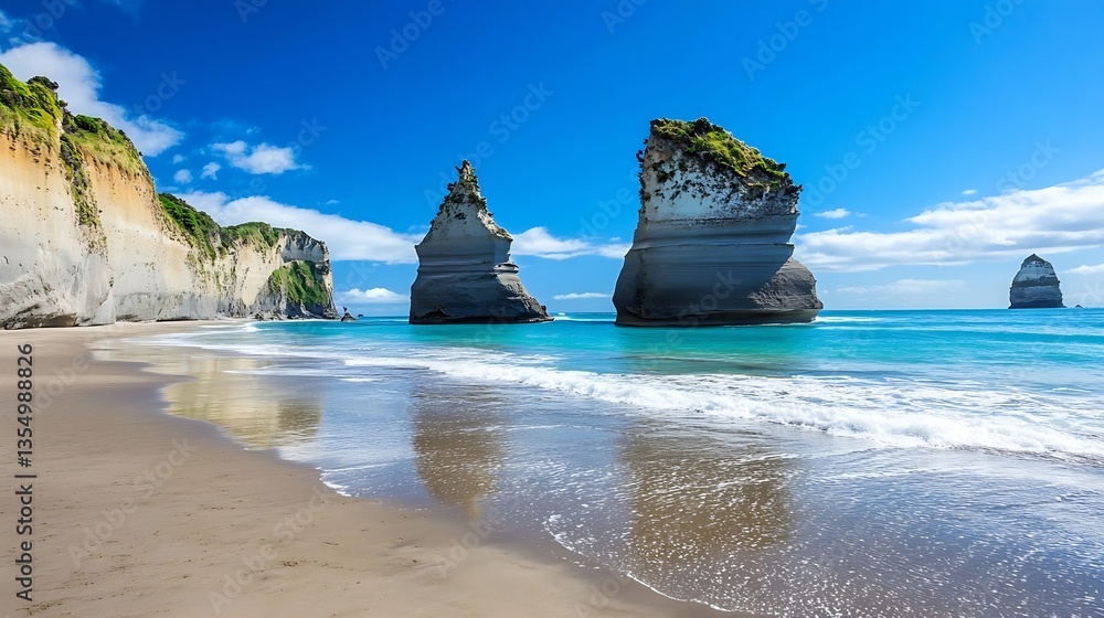 Poster stunning coastal view of towering cliffs and rock formations against clear blue sky : generative ai