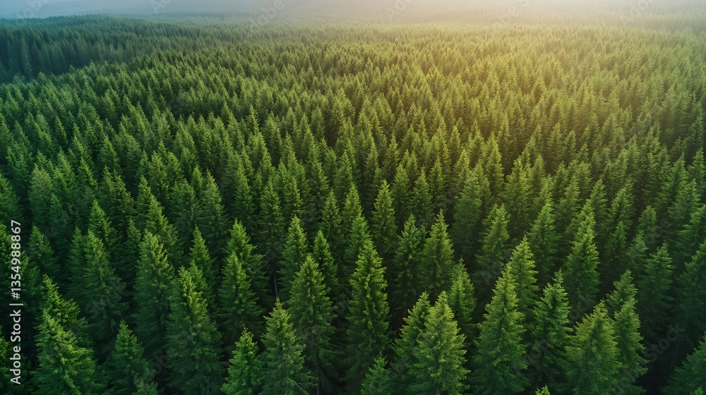 Poster aerial view of a lush green forest showcasing endless pine trees under soft sunlight : generative ai