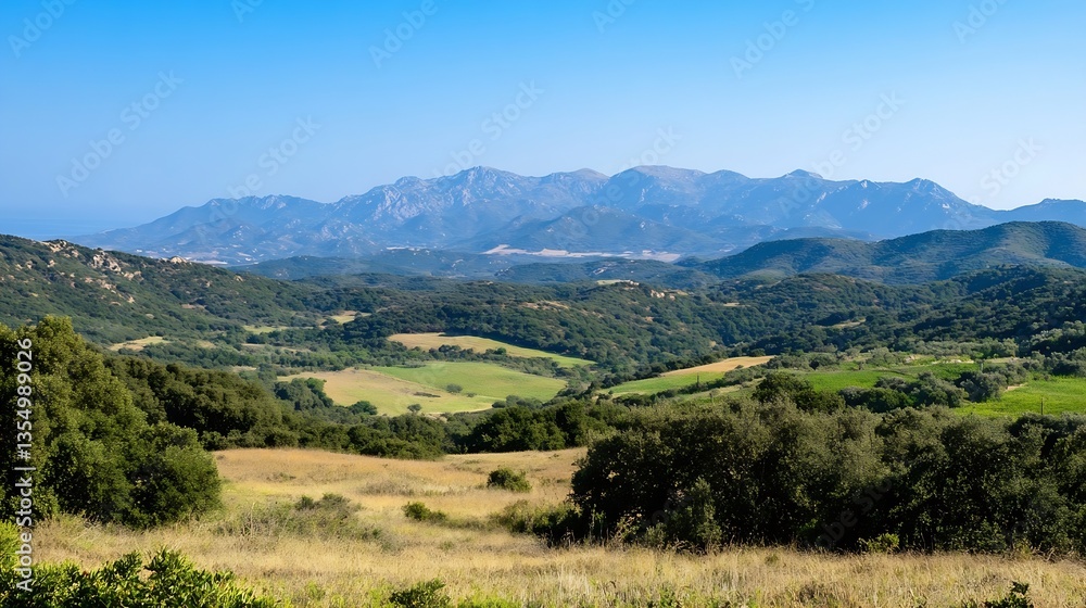 Poster expansive view of a serene landscape featuring rolling hills and mountains under a clear blue sky : 