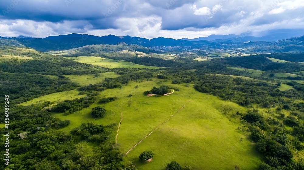 Poster lush green valley landscape captured from above with rolling hills and trees under cloudy skies : ge