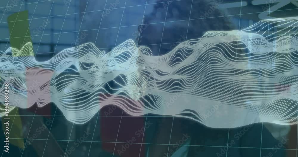 Poster in school, animation of abstract wave patterns and grid overlaying person