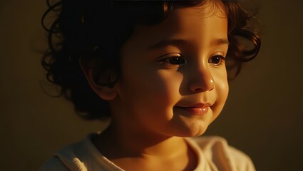 Obraz premium Small little Boy Biblical character praying showing gratitude for the blessings in his life, Cinematic portrait closeup.