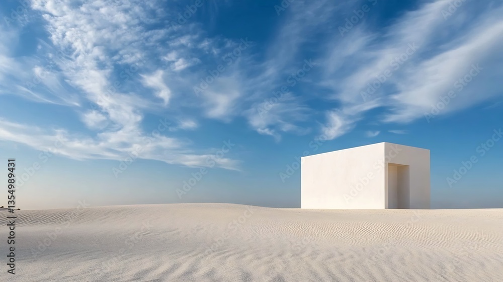 Poster minimalist architectural design of a simple white structure in a sandy landscape : generative ai