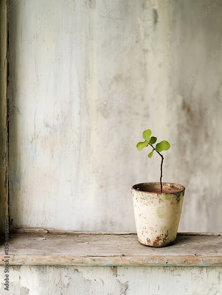 Poster a small green plant in a rustic pot resting on a weathered wooden surface : generative ai
