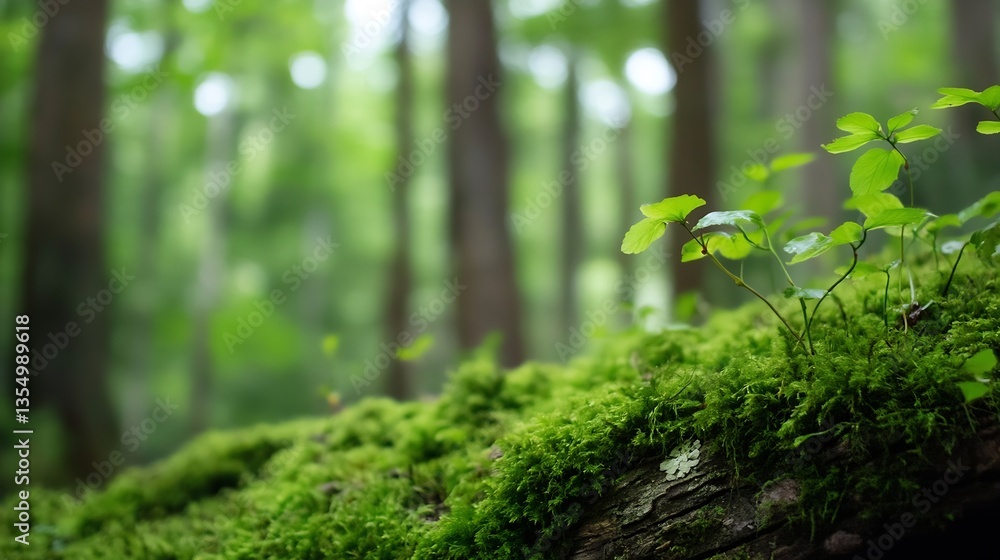 Poster fresh green moss covering a fallen log in a serene forest environment filled with trees and vibrant 