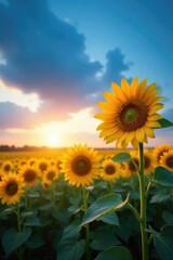 Sunflowers stretching towards the sky at dusk, blue, horizon
