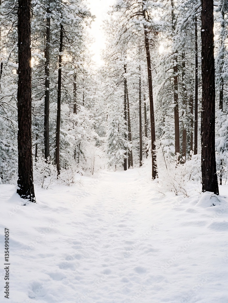 Poster serene snow covered forest trail with footprints leading through tall trees in winter : generative a