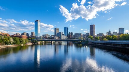 Obraz premium Stunning City Skyline Reflection on Calm River Water Under Bright Blue Sky with White Clouds : Generative AI