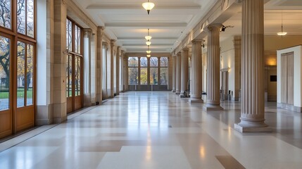 Elegant interior of a spacious building corridor featuring tall columns and large windows : Generative AI