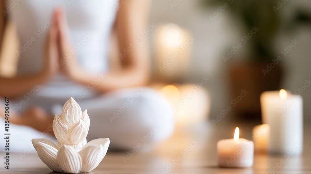 Aufkleber Peaceful meditation scene with candles and a serene figure practicing mindfulness in soft light : Generative AI