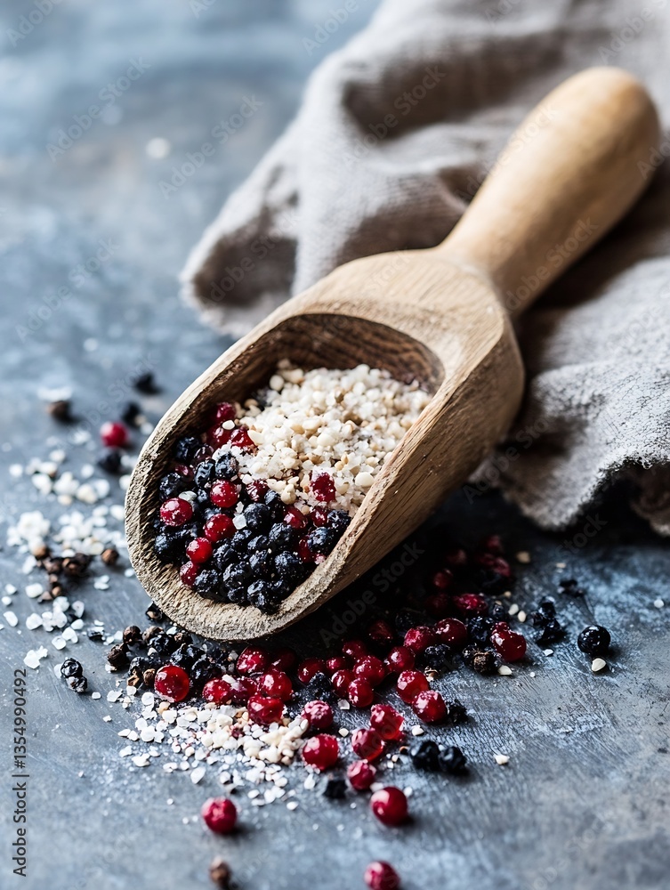 Poster Wooden scoop filled with colorful spices resting on a textured surface creating a rich culinary scene : Generative AI