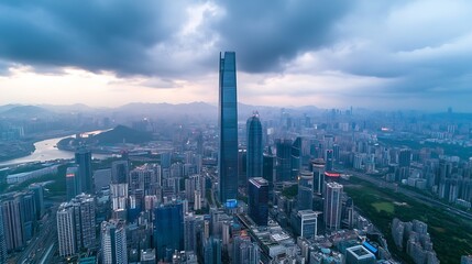 Obraz premium Stunning aerial view of a bustling modern cityscape against dramatic cloudy skies : Generative AI