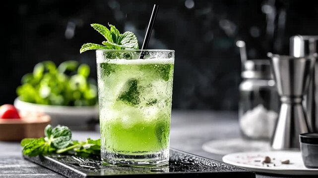 Enjoy the preparation of a refreshing mint cocktail featuring a blend of fresh ingredients and ice. The vibrant drink highlights the aromatic mint atop a stylish countertop setup