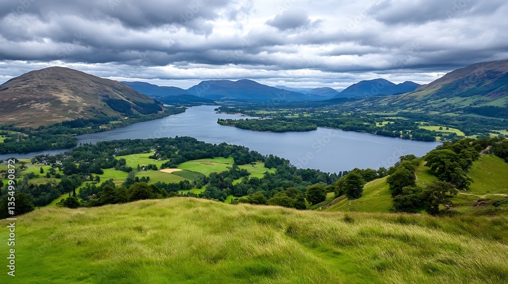 Poster breathtaking panoramic view of hills and a sparkling lake surrounded by lush greenery and dark cloud