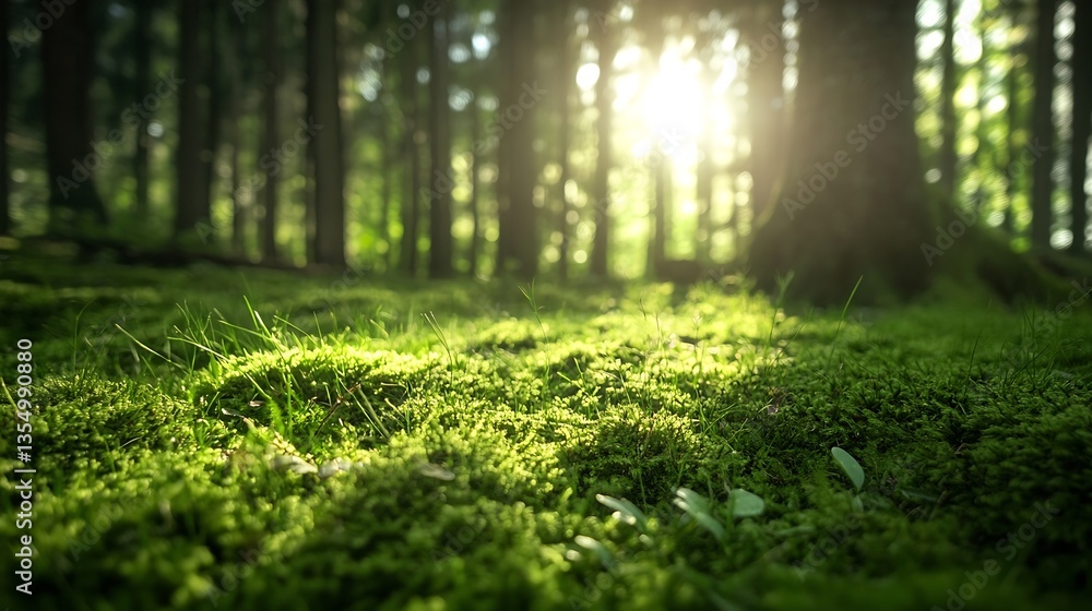 Leinwandbilder Sunlight filtering through trees illuminating lush green moss in a serene forest setting : Generative AI