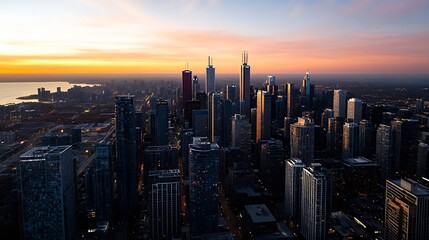 Naklejka premium City Skyline at Dusk with Tall Buildings Silhouetted Against a Colorful Sunset : Generative AI