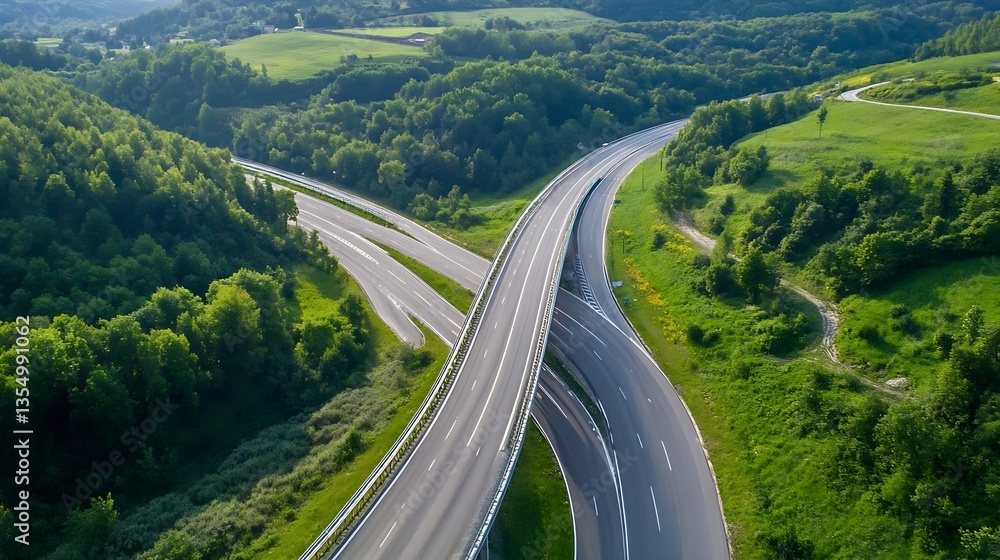 Poster aerial view of curved highway surrounded by lush green hills and scenic landscape : generative ai