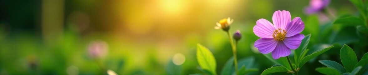 soft golden light highlights the delicate purple blooms amidst lush green foliage, leafy greens, botanical, soft light