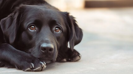 Adorable black dog resting peacefully on a concrete surface with soulful eyes : Generative AI