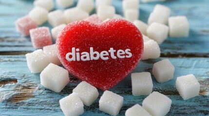 Obraz premium Heart-Shaped Candy with Diabetes Warning Surrounded by Sugar Cubes: A Visual Representation of the Disease