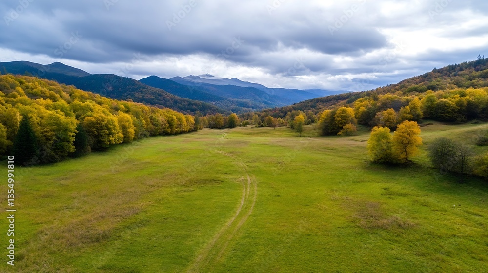 Poster Aerial view of a vast green meadow surrounded by colorful autumn trees and rolling mountains : Generative AI