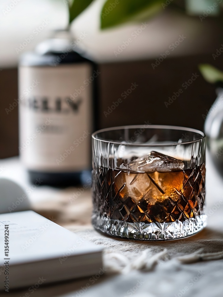 Poster refreshing cocktail served on the table in an elegant crystal glass with ice and a dark beverage : g