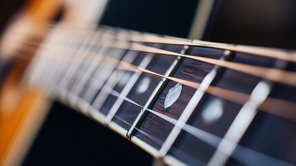 Closeup view of an acoustic guitar neck highlighting the frets strings and craftsmanship : Generative AI