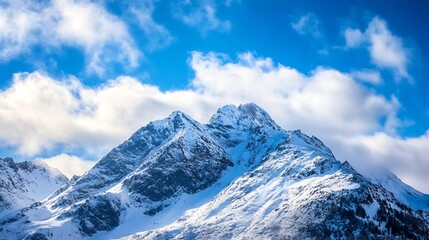 Obraz premium Majestic snowy mountain peaks under a bright blue sky adorned with fluffy white clouds : Generative AI