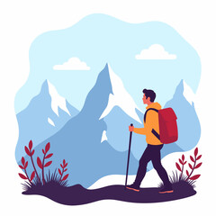 World Tourism Day. Young man hiking in the mountains with a scenic background  