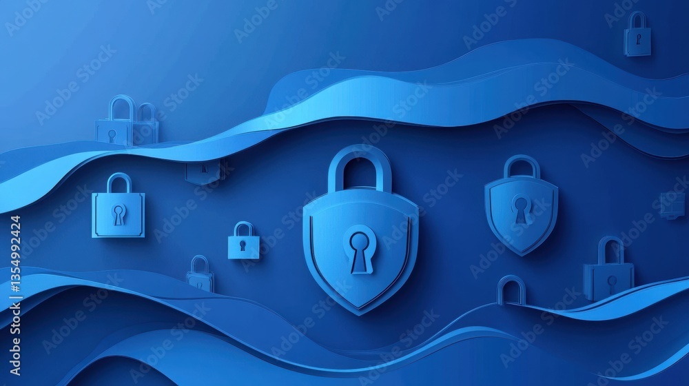 Aufkleber Cybersecurity background art showcasing layered locks and encrypted codes with modern blue gradients and paper art design