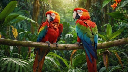 Obraz premium Vibrant Macaws in a Lush Jungle – Ultra HD Wildlife Photography