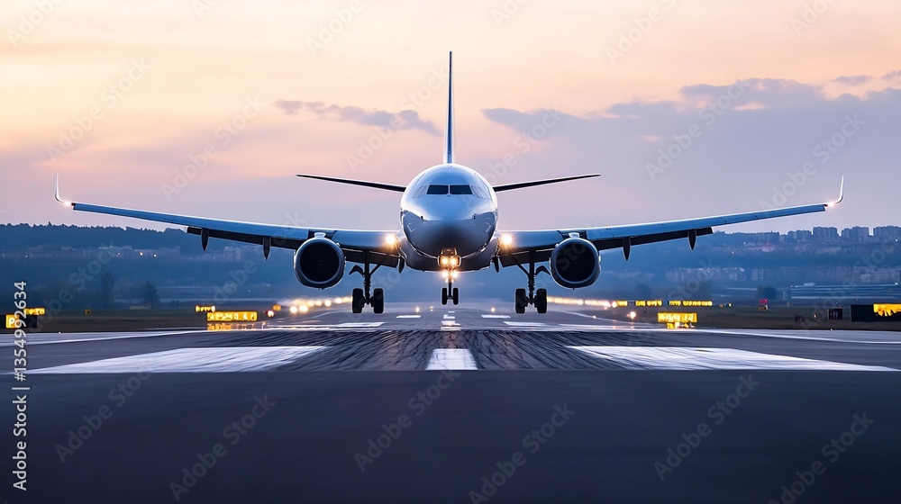 Poster airplane landing on runway at sunset in a scenic airport environment : generative ai