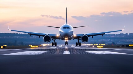 Airplane Landing on Runway at Sunset in a Scenic Airport Environment : Generative AI