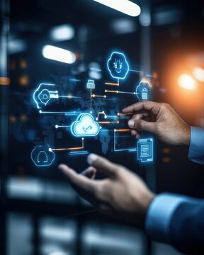 Hands interacting with a digital platform representing cloud computing technology.