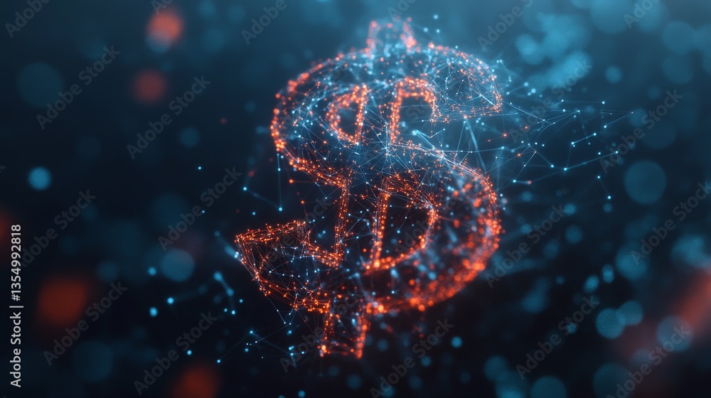 Poster a visually striking image showcasing a glowing dollar sign composed of interconnected digital partic