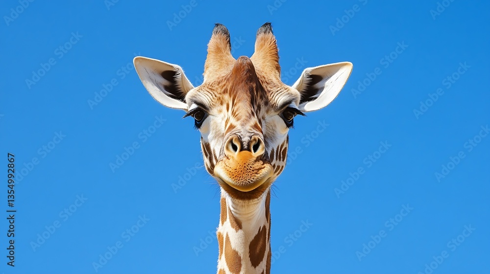 Poster close up of a majestic giraffe with clear blue sky in the background showcasing its unique features 