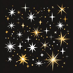 Vector illustration of radiant sparkle stars, golden and white hues, clean geometric shapes, isolated on a blank background, smooth edges, modern and cheerful design.