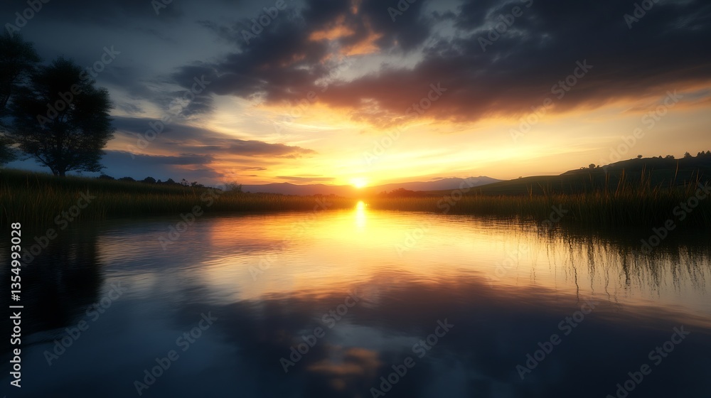 Poster breathtaking sunset reflection over calm waters with trees on the horizon : generative ai