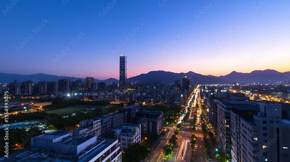 Poster city skyline at twilight with illuminated roads and towering buildings against mountain backdrop : g