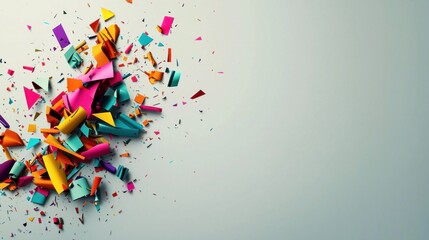 Fototapeta premium Abstract colorful fragments explosion on a light gray background. A dynamic display of vibrant, geometric shapes in various hues, seemingly erupting and scattered across a muted backdrop
