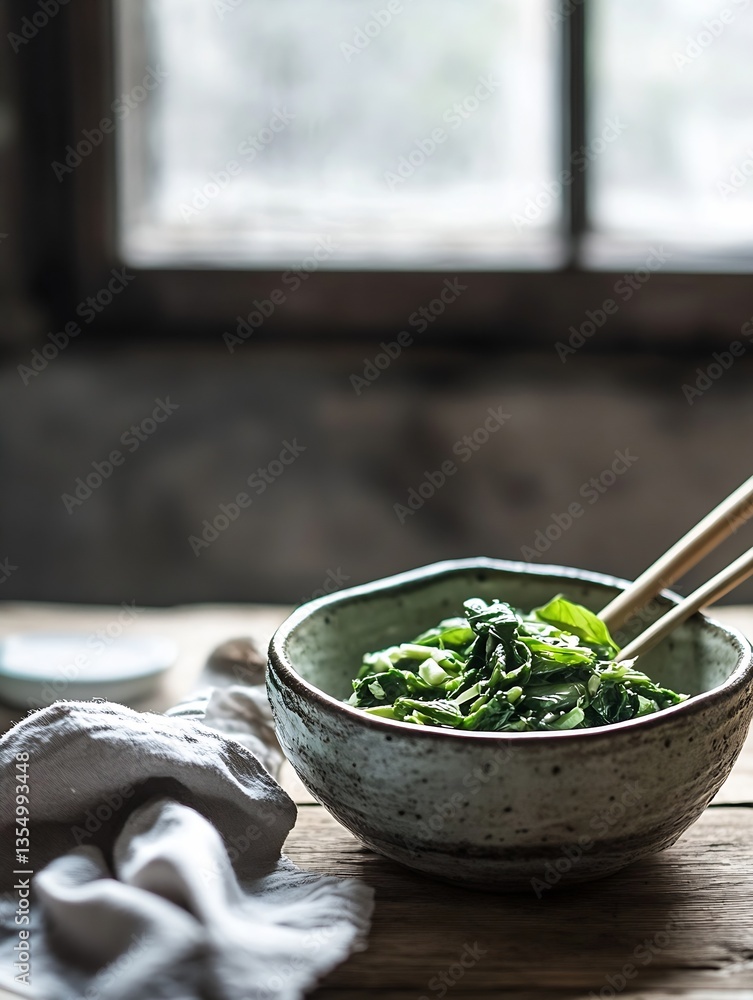 Aufkleber delicious bowl of fresh greens with chopsticks on a rustic table by the window : generative ai
