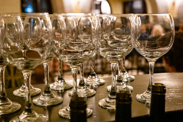 Clean wine glasses on the bar