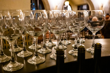 Clean wine glasses on the bar