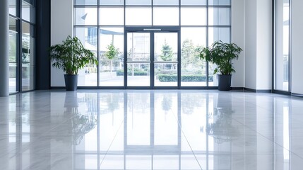 Modern office interior featuring large windows spacious atmosphere with plants for a fresh touch of greenery : Generative AI