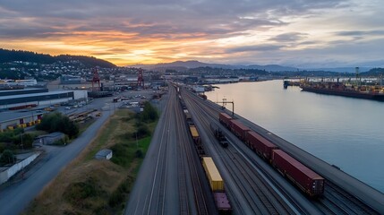 Aerial view of containers and rails at dockside during sunset with calm waters : Generative AI