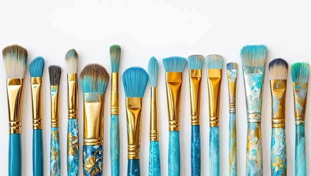 Assorted artist paintbrushes in varying sizes and textures, displayed horizontally