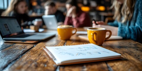 Cozy cafe setting with laptops coffee and notebooks on a wooden table  long title Cozy and contemporary cafe setting with people working on