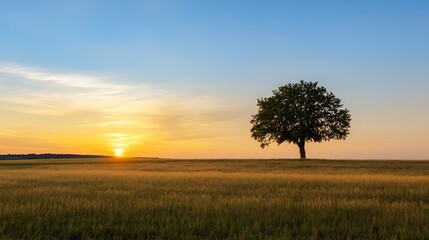 Stunning Sunset Over a Peaceful Field with a Solitary Tree Silhouetted by Warm Glow : Generative AI
